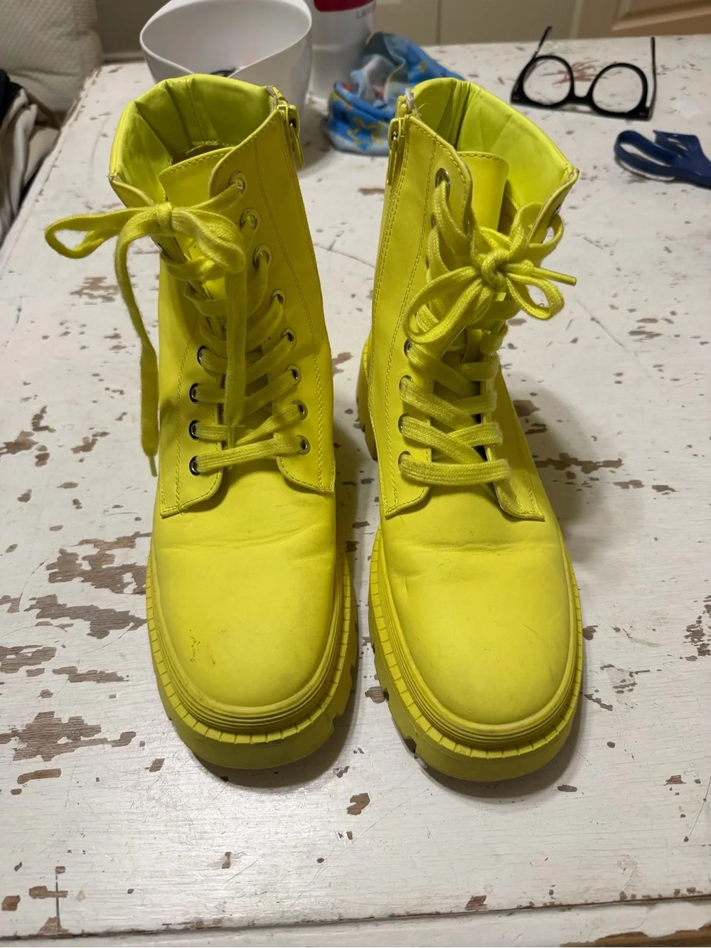 Tevos men’s 8.5 Bright Neon Yellow Lace-Up Combat Boots funk punk hip retro cool